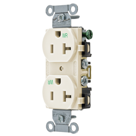 HUBBELL WIRING DEVICE-KELLEMS Straight Blade Devices, Receptacles, Weather-Resistant Duplex, Commercial/Industrial Grade, 2-Pole 3-Wire Grounding, 20A 125V, 5- 20R, Single Pack BR20LAWR